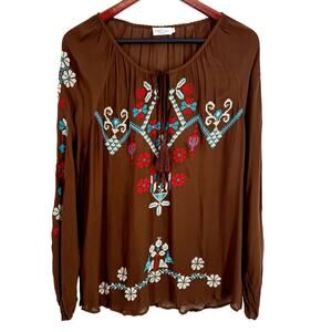 Tasha Polizzi Collection Womens Medium Brown Embroidered Blouse Shirt Top